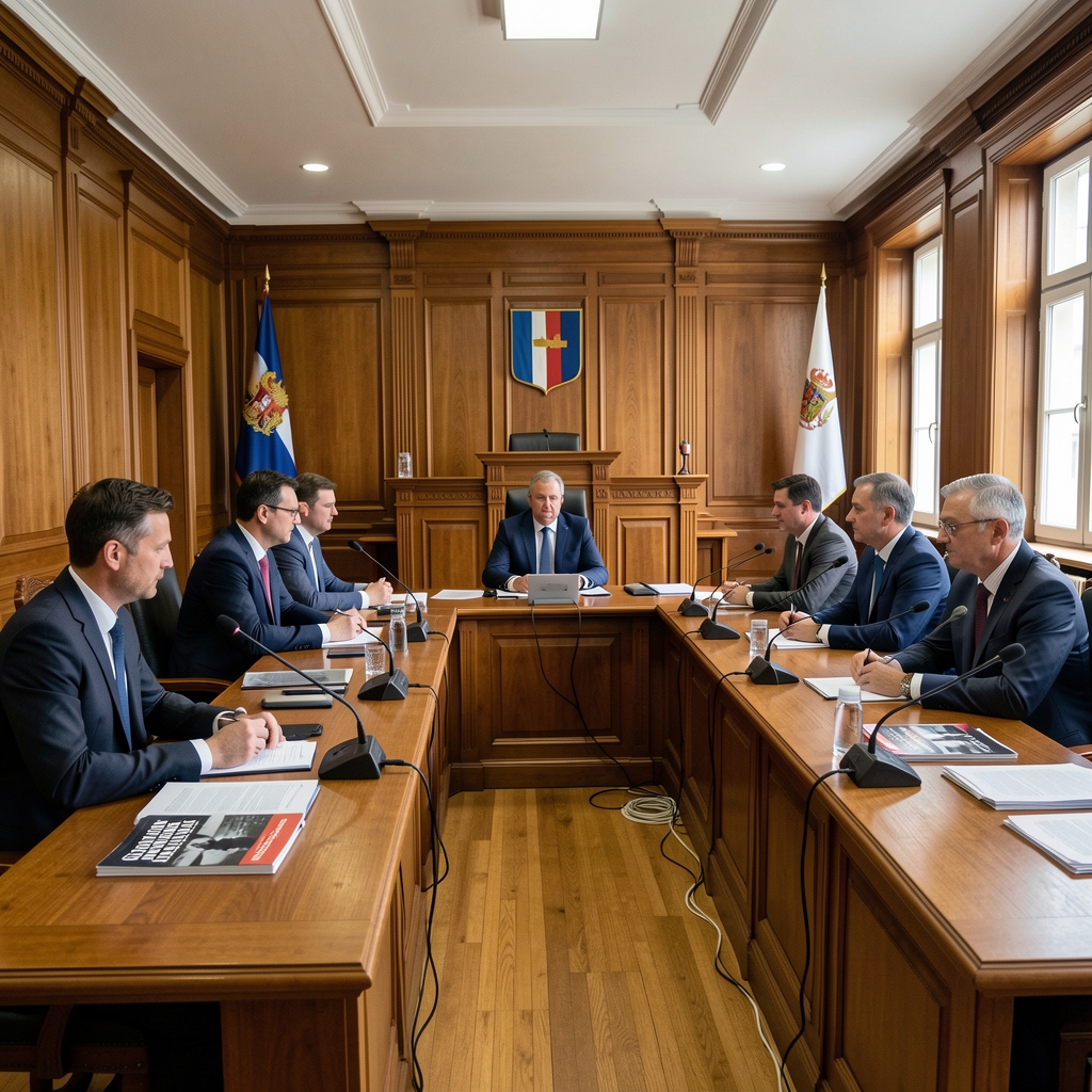 Судска клупа са документима о медијским законима и новинарима на прес конференцији у судници